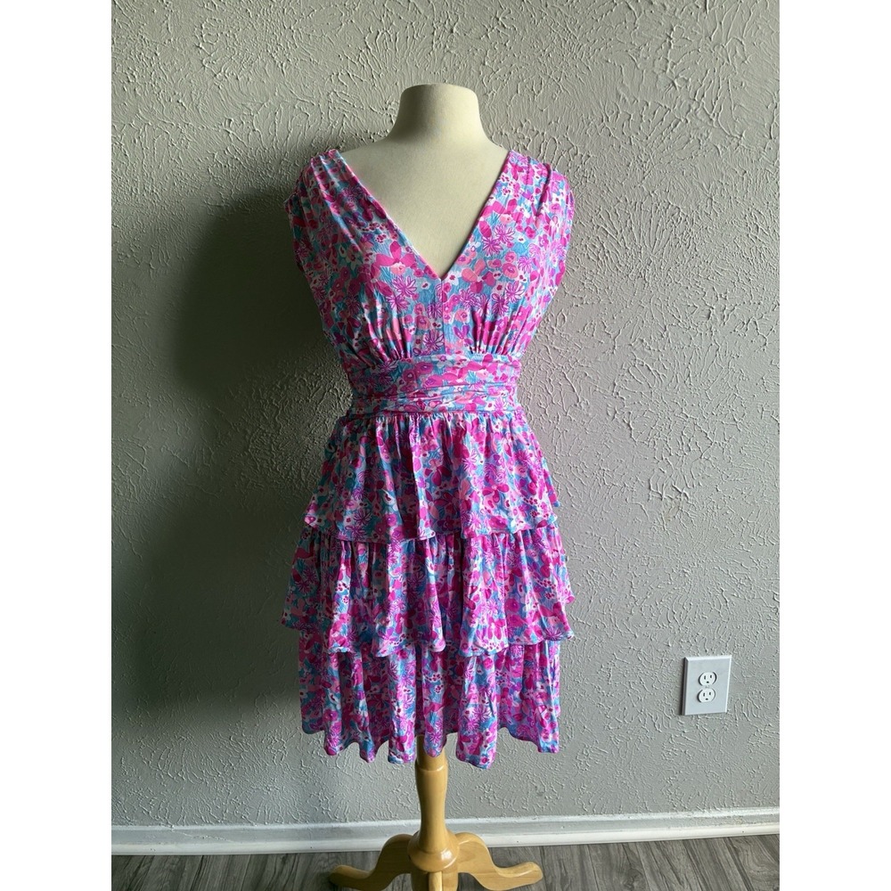 Lilly Pulitzer Floral Tiered Dress Pink Blue Open Back Women's  Sz M - Picture 2 of 16